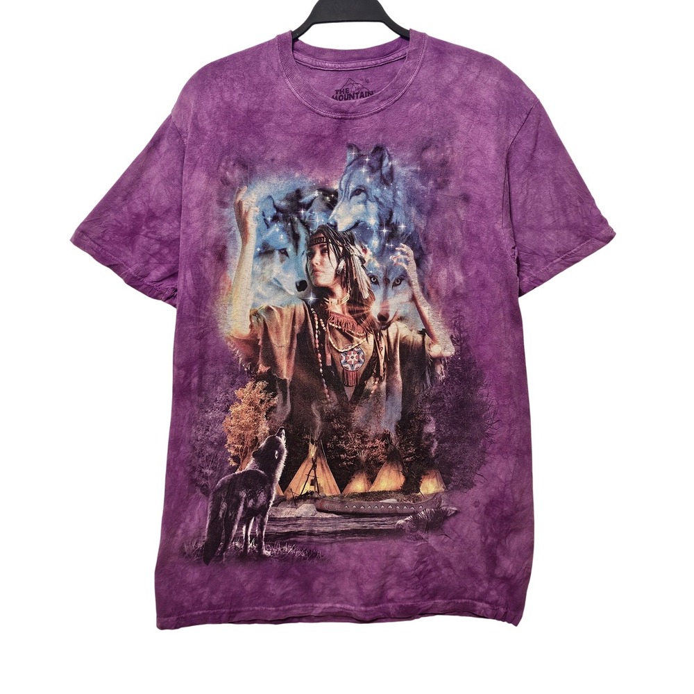 The Mountain Purple Tie Dye Wolf Indigenous Woman Graphic Tee Shirt Medium